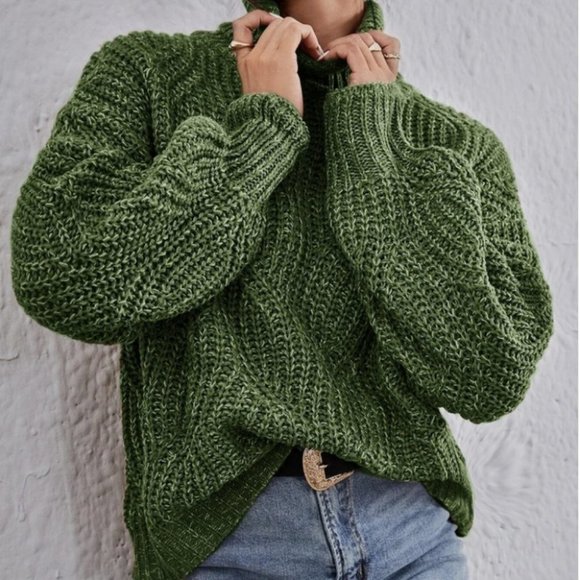 Casual High Neck Marled Knit Sweater Top Green - Picture 5 of 5